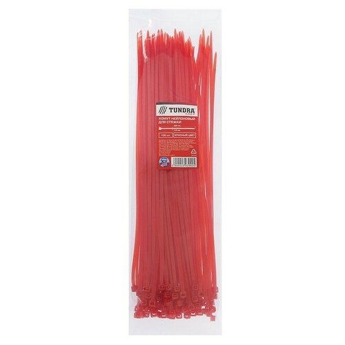Хомут нейлоновый пластик тундра krep, для стяжки, 3.6х300 мм, цвет красный, в уп. 100 шт