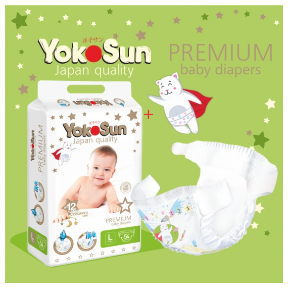Набор Подгузники YokoSun Premium L (9-13 кг) 54 шт +игрушка