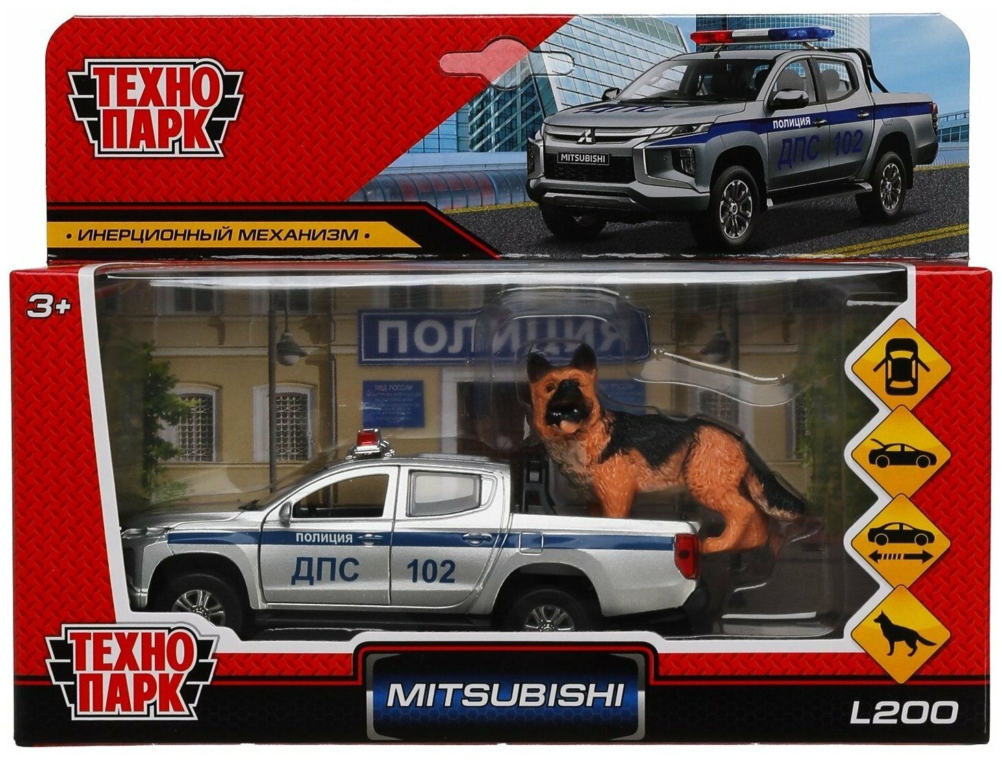 Модель машины Технопарк Mitsubishi L200 пикап, Полиция, серебристая, инерционная, с собакой L200-12POLSR-DOG