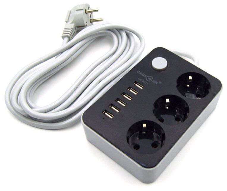 фото Сетевой фильтр удлинитель на 3 розетки и 6 USB портов с кнопкой включения 1.8 метра CX-U613