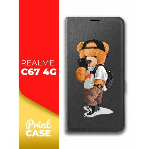 Чехол на Realme C67 4G (Реалми С67 4г) черный книжка эко-кожа подставка отделением для карт и магнитами Book case, Miuko (принт) Мишка Смартфон чехол на realme c67 4g реалми с67 4г черный книжка эко кожа подставка отделением для карт и магнитами book case miuko принт мишка смартфон