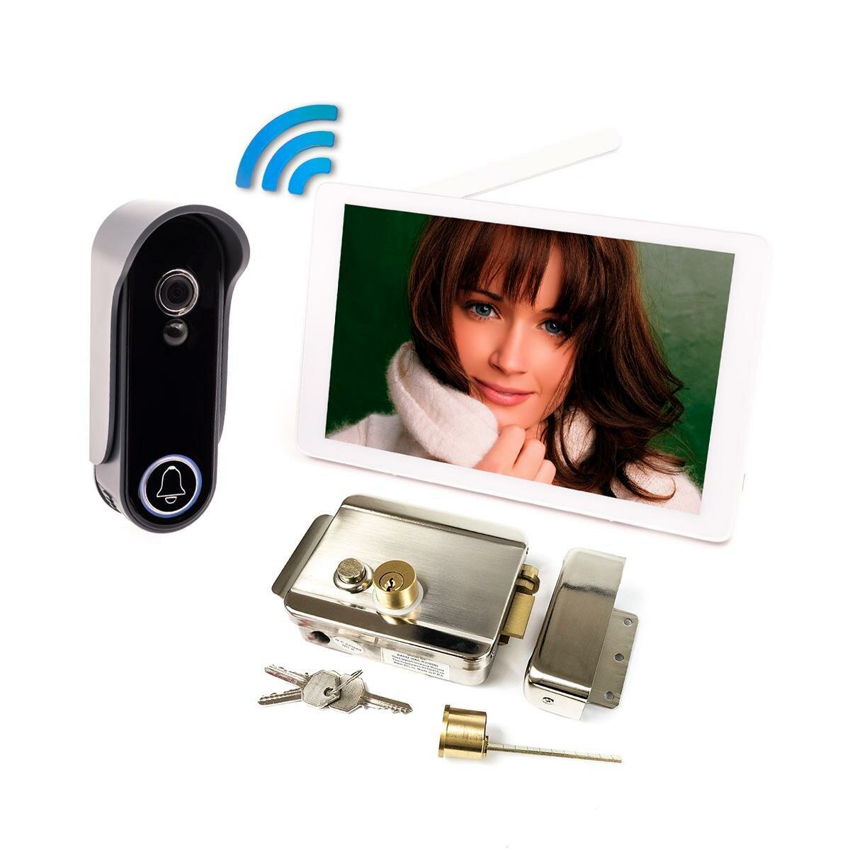 Комплект мобильный радиоканальный Wi-Fi HD видеодомофон и электромеханический замок AX042 - СкайНет 1100-Tuya (1+0+AX042)-LCD (Q24864SKY) и WiFi бес