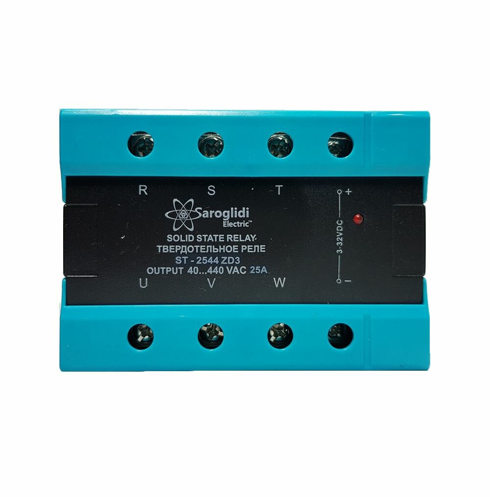 Твердотельное реле Saroglidi ST.-10044, 100A, 3 фазы, управление 3-32V, DC, бирюзовое — фото 1