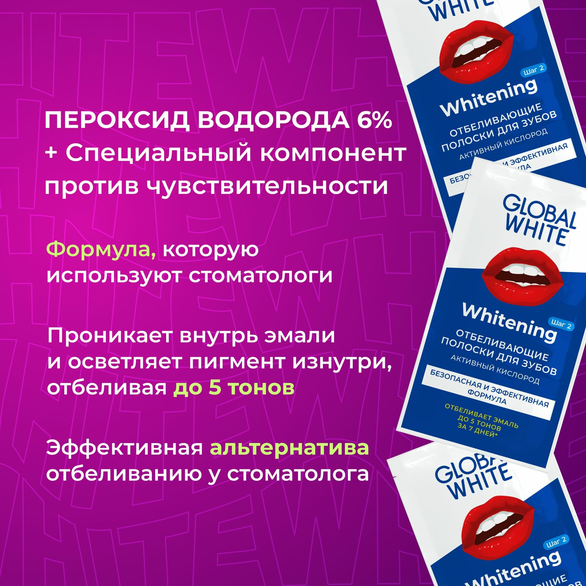 Отбеливающие полоски для зубов Global White с активным кислородом 2 саше / Две пары отбеливающих полосок — фото 1