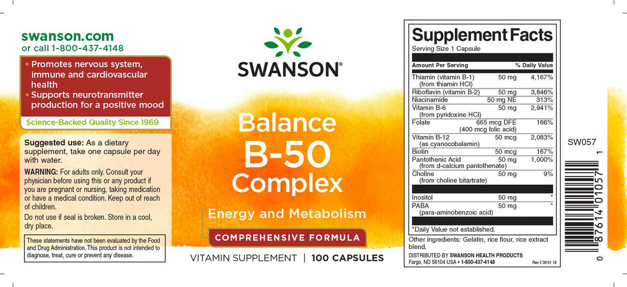 Картинки Витамины группы В, Swanson Balance В-50 Complex, 100 капсул / Для волос, кожи лица, женщин и мужчин
