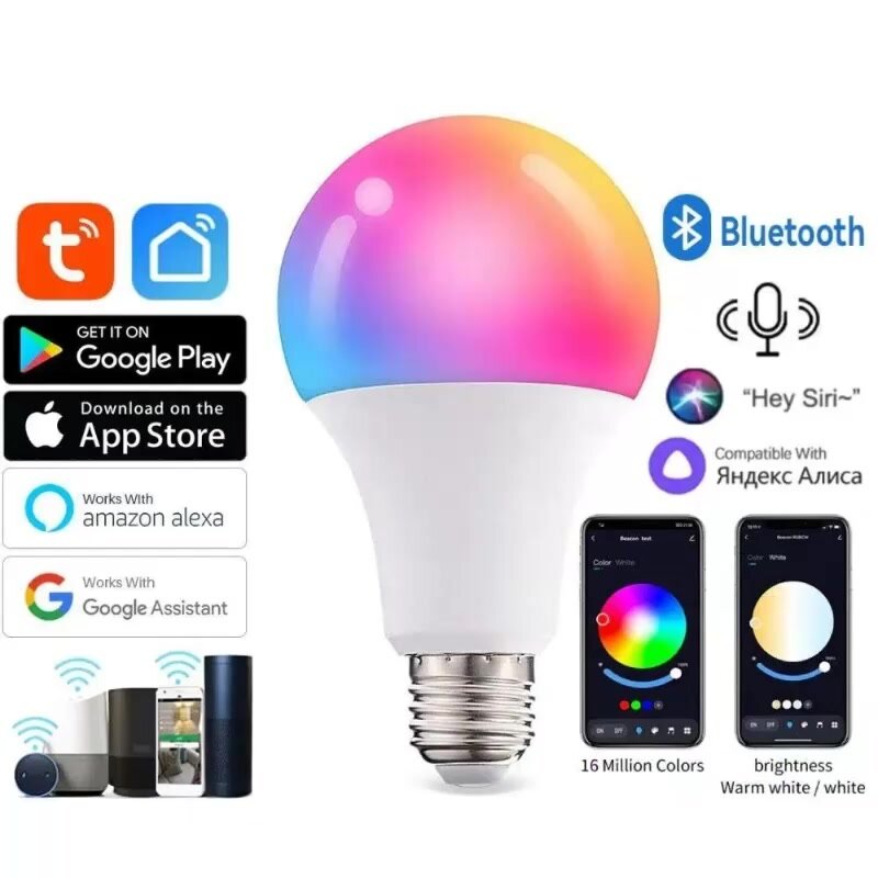Умная светодиодная лампочка E27 RGB + CCT Bluetooth Smart Led Bulb 10W Tuya / Лед многоцветная Е27, теплая, холодная лампа с Алисой, Siri, Alexa, Google — фото 1