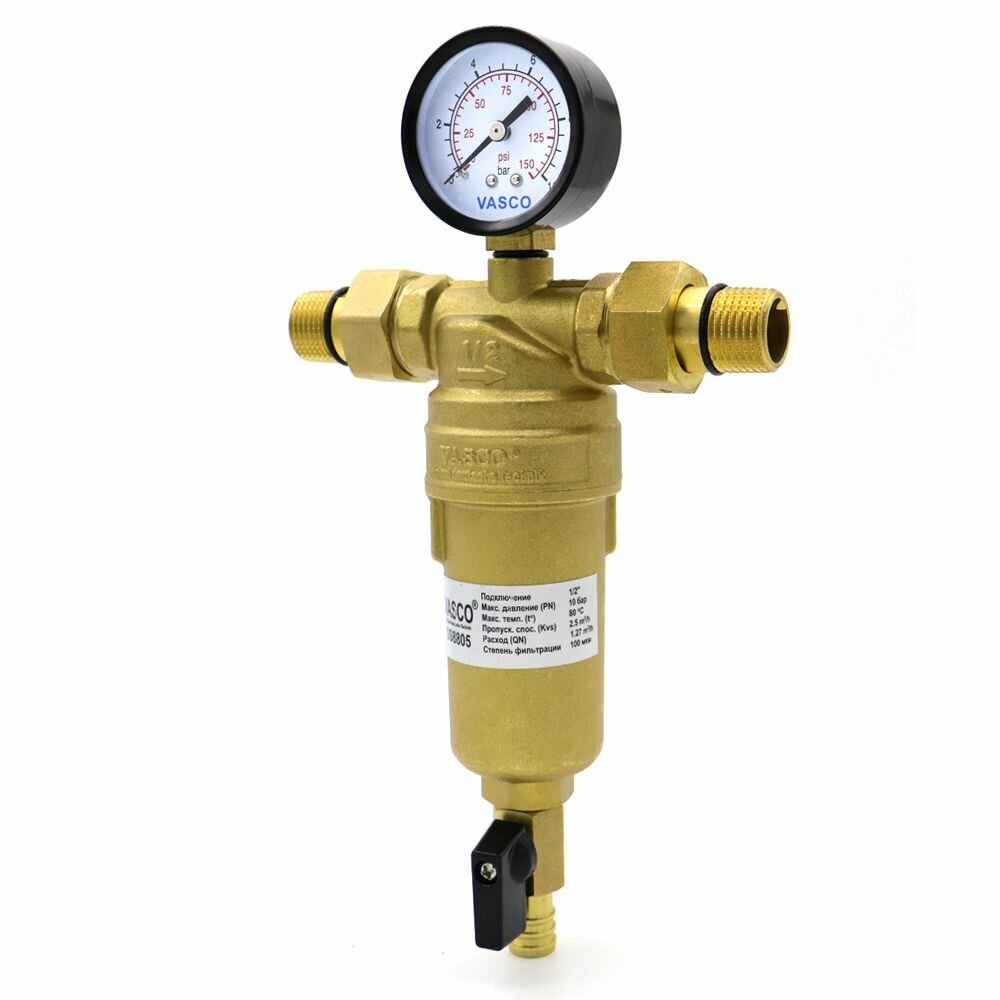 Фильтр с манометром металлический корпус 1/2" VASCO 8805