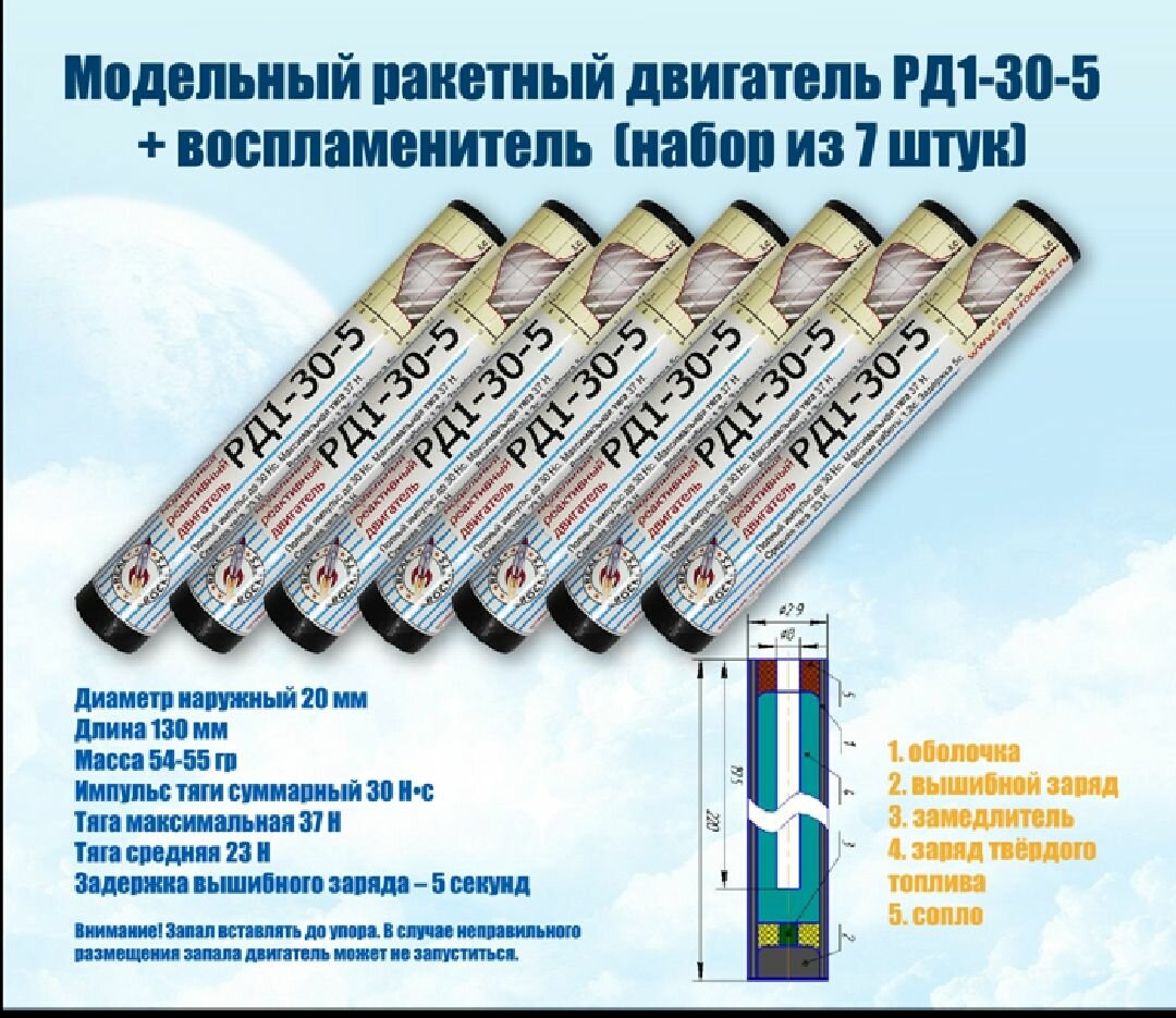 Модельный ракетный двигатель РД1-30-5 + воспламенитель (набор из 7 штук)