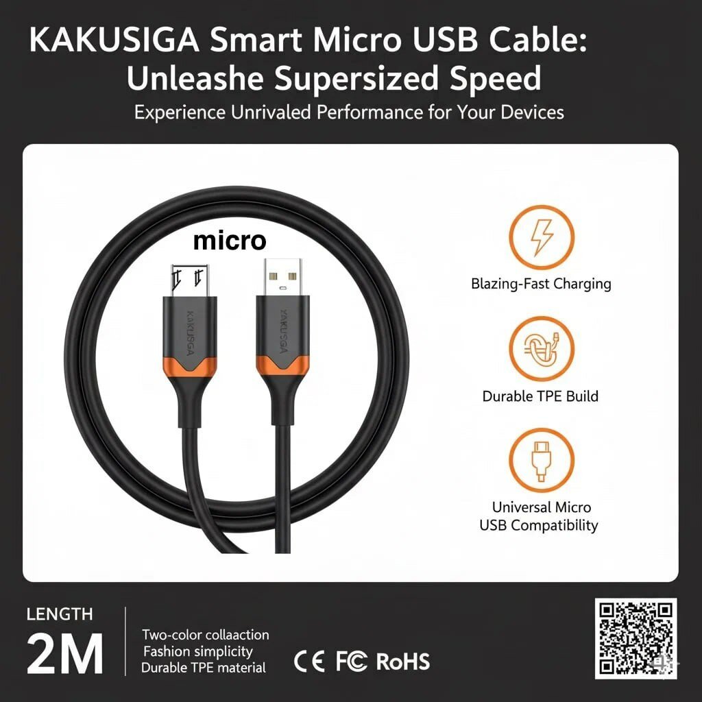 Кабель Kakusiga, 2м, чёрный, Micro USB, передача данных, Smart Fast Charging — фото 1