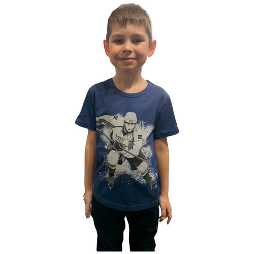 Детская футболка для мальчика синяя с рисунком принт хоккеиста 6-7 лет 110 - 116 см