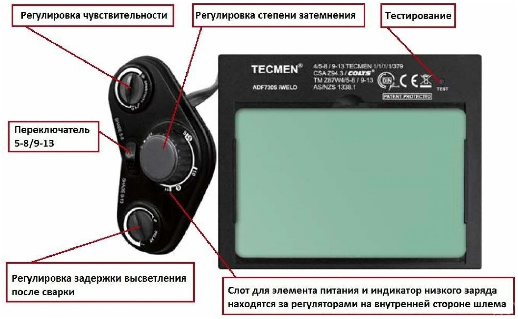 Маска сварщика Tecmen с автоматическим светофильтром ADF - 730S TM15,16DIN - фотография № 2