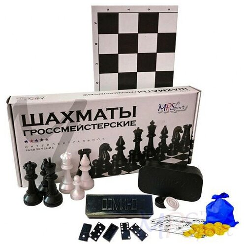 Набор игр Интеллект 4 в 1 шахматы гроссмейстерские (пластик.), лото (пластик.), шашки, домино, шахматное поле.