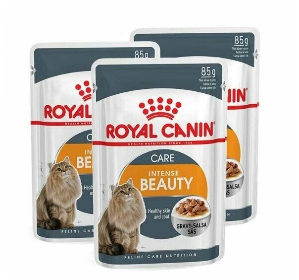 Влажный корм для кошек Royal Canin Intense Beauty 85 г кусочки в соусе для поддержания красоты шерсти (24 шт х 85 г) - фотография № 2