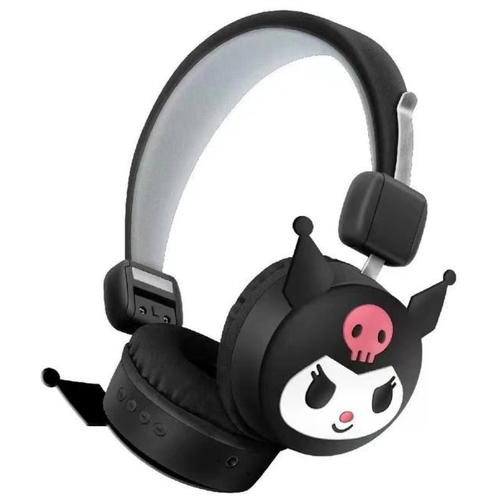 Наушники беспроводные накладные детские Hello Kitty Kuromi черные с ушками Блютуз гарнитура для телефона, смартфона, компьютера bluetooth tws наушники беспроводные накладные детские пушистые с ушками блютуз гарнитура для телефона смартфона bluetooth черные