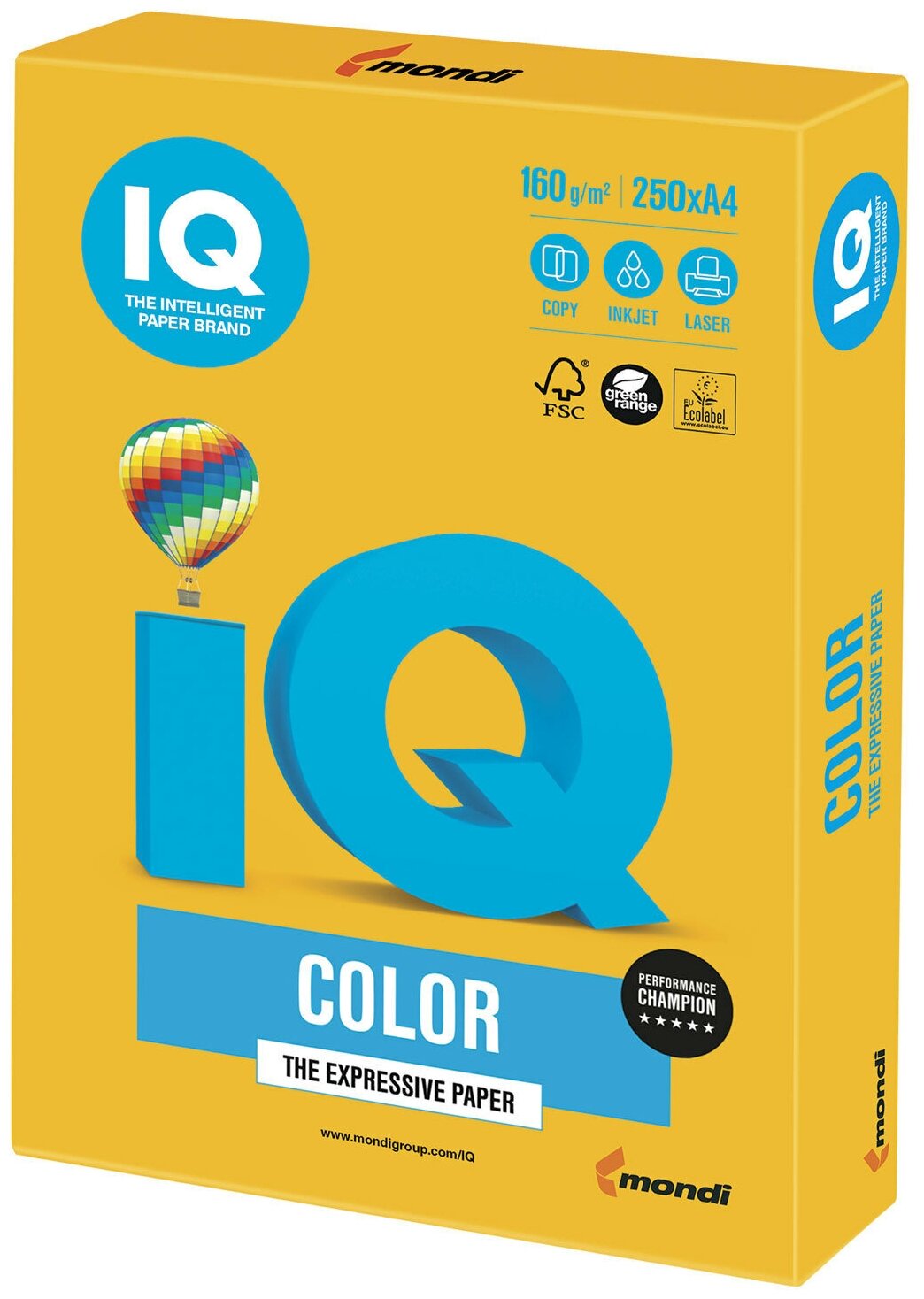 Бумага цветная IQ color, А4, 160 г/м2, 250 л., интенсив, солнечно-желтая, SY40