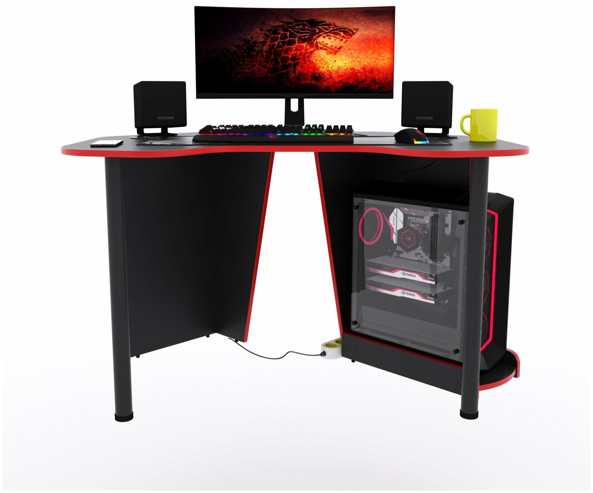 Угловой компьютерный стол "Угол", 140x87x75 см, чёрный с красной кромкой