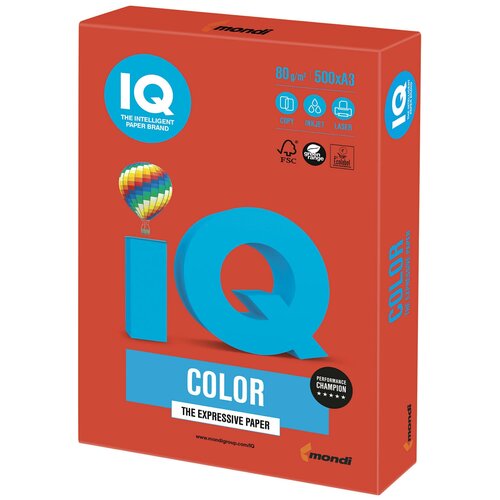 Бумага цветная IQ color большой формат (297×420 мм), А3, 80 г/м2, 500 л., интенсив кораллово-красная, CO44