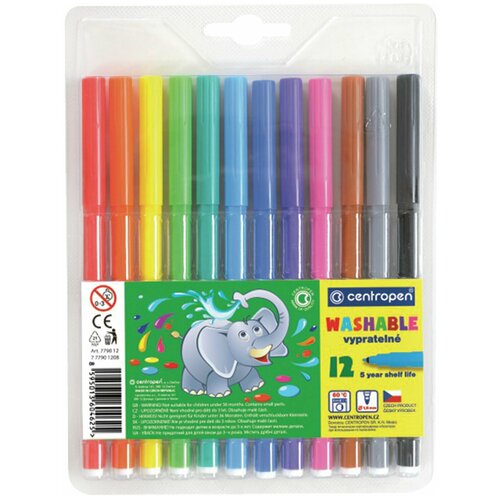 Фломастеры 12 цветов CENTROPEN Washable, смываемые, вентилируемый колпачок, 7790/12TP, 7 7790 1285