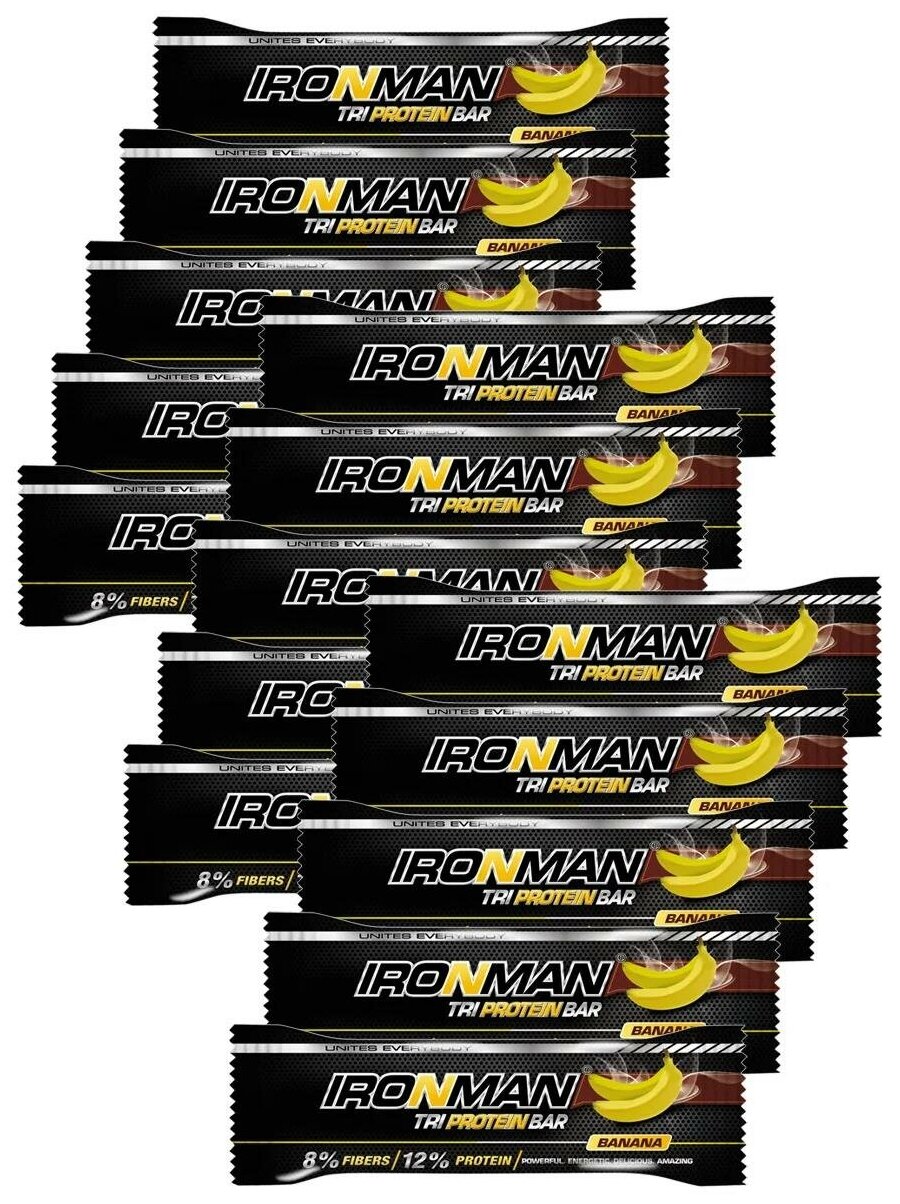 Ironman Protein bar с Коллагеном (Банан) 30х50г / Протеиновый батончик в шоколаде для набора мышечной массы женщин и мужчин