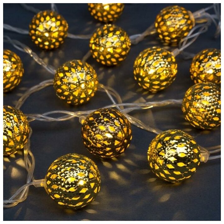 фото Гирлянда "Нить" 4 м с насадками "Шарик с узором", IP20, прозрачная нить, 20 LED, свечение тёплое белое, 8 режимов, 220 В