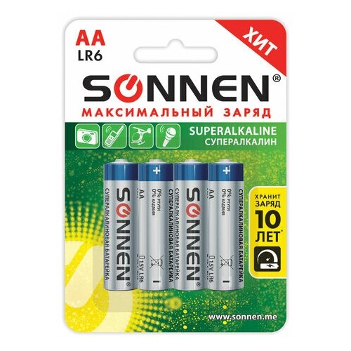 SONNEN Батарейки комплект 4 шт, sonnen super alkaline, аа (lr6,15а), алкалиновые, пальчиковые, блистер, 451094, 12 шт.