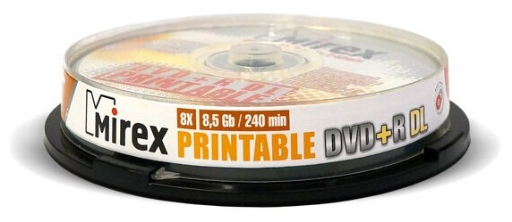 Диск DVD+R Mirex "Dual Layer Printable" 8,5GB, 8x, комплект 10шт, Cake Box (UL130069A8L)