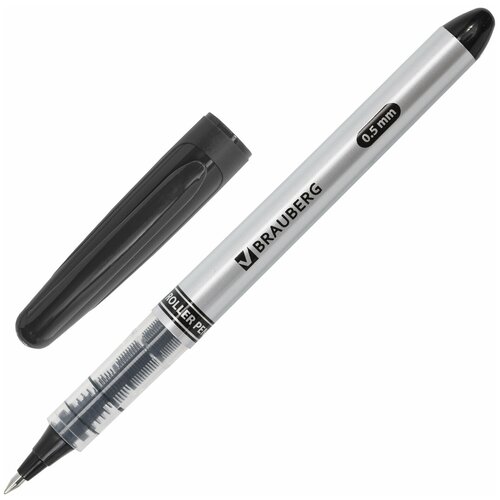 Ручка-роллер BRAUBERG Control, черная, корпус серебристый, узел 0,5 мм, линия письма 0,3 мм, 141553 - 12 шт.