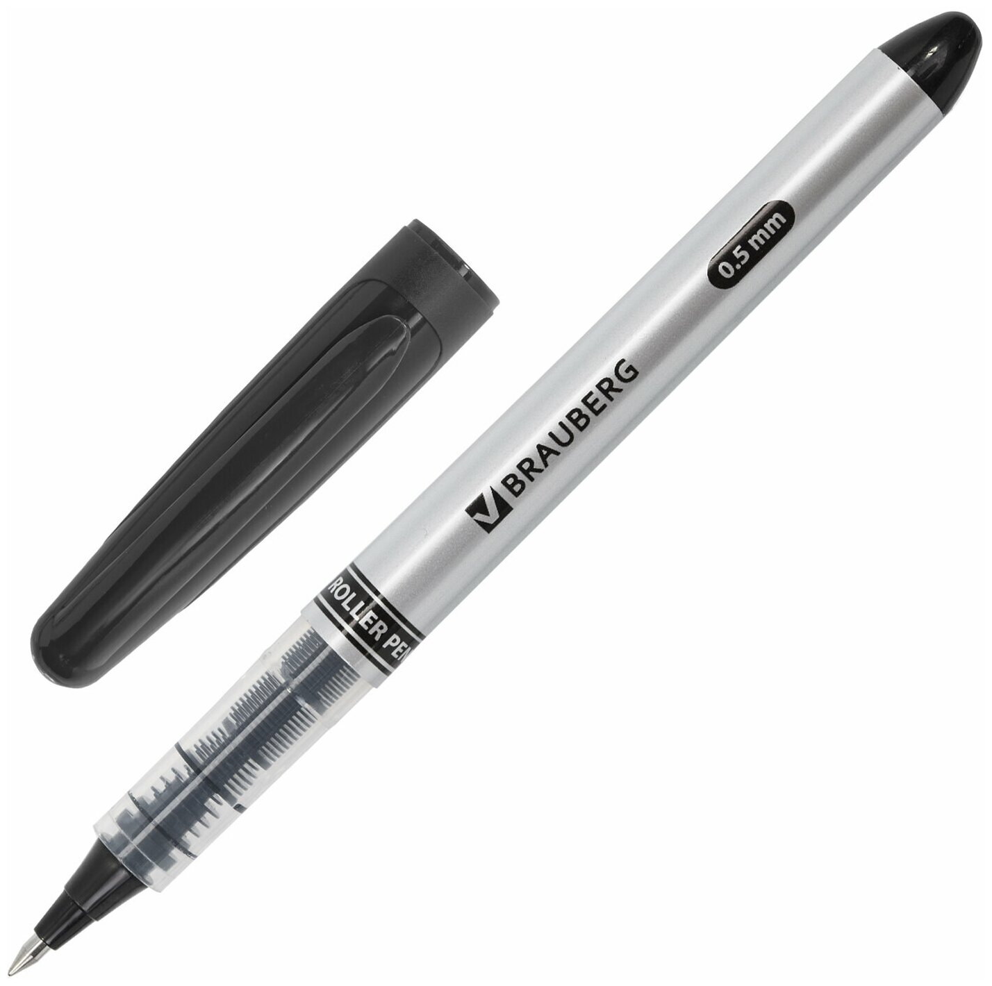 Ручка-роллер BRAUBERG "Control", черная, корпус серебристый, узел 0,5 мм, линия письма 0,3 мм, 141553 В комплекте: 12шт.