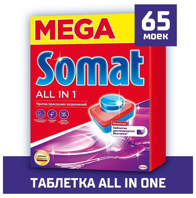 Таблетки для посудомоечной машины Somat all-in-one tabs 65 шт