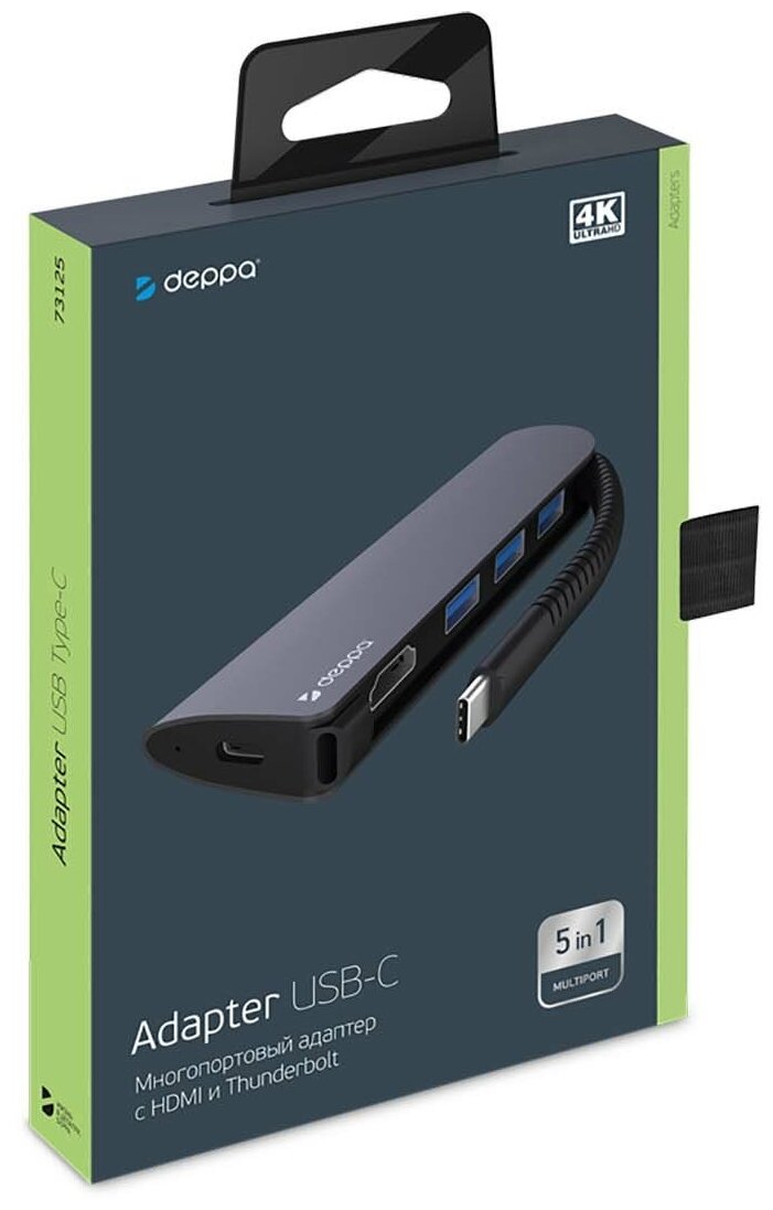 USB хаб Deppa мультипортовый Type-C 5 в 1, HDMI 4K, Power Delivery, 3 x USB 3.0 для Macbook, iPad, ПК