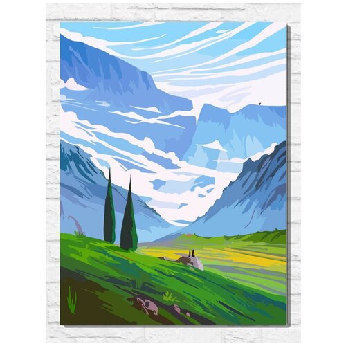 Картина по номерам на холсте Горный пейзаж (природа, лес, хижина) - 9233 В 30x40