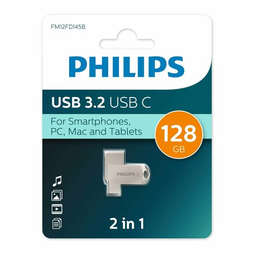 Флеш накопитель 128Gb PHILIPS 2-in-1 USB 32 USB C OTG USB 32Type-C Металл 100 MBs 2600₽