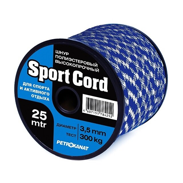 Шнур плетеный Петроканат SPORT CORD  Диаметр мм  8   Длина м  15   Тест кг  800   плетеный   евромоток   бело синий   