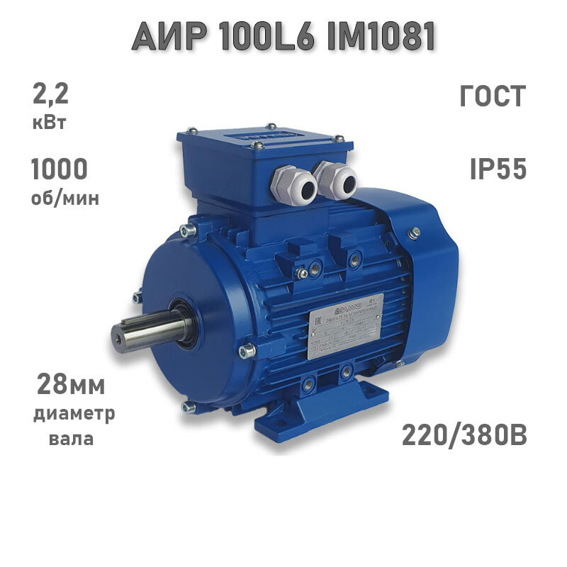 Электродвигатель элмаш АИР 100 L6 IM1081 AL (2,2 кВт 1000 об/мин)