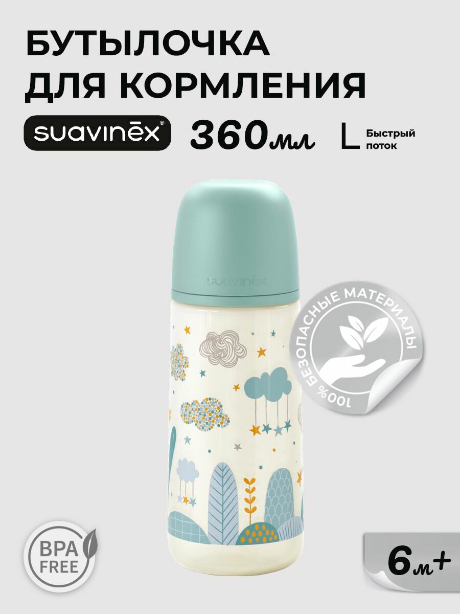 Бутылочка для кормления 360 мл. с физиологической соской 6м+ Suavinex, поильник детский с противоколиковым клапаном