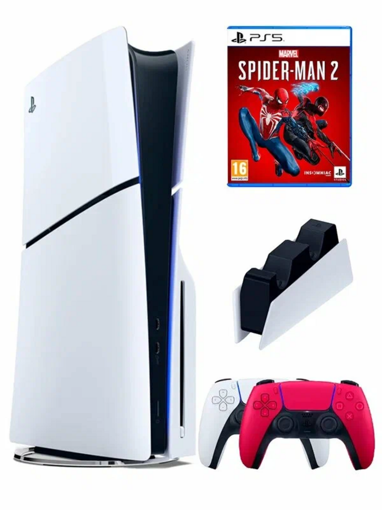 PlayStation 5 Pro Digital Edition, 2000 ГБ SSD, без игр, белый + Дисковый привод Sony, для PlayStation 5, белый + 2й геймпад красный + зарядная станция + Spider Man 2