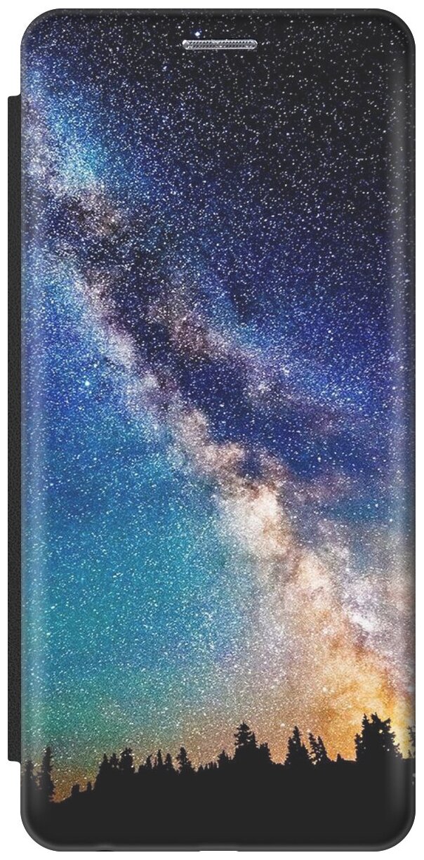 Чехол-книжка на Apple iPhone SE / 5s / 5 / Эпл Айфон 5 / 5с / СЕ с рисунком "Лес и звезды" черный