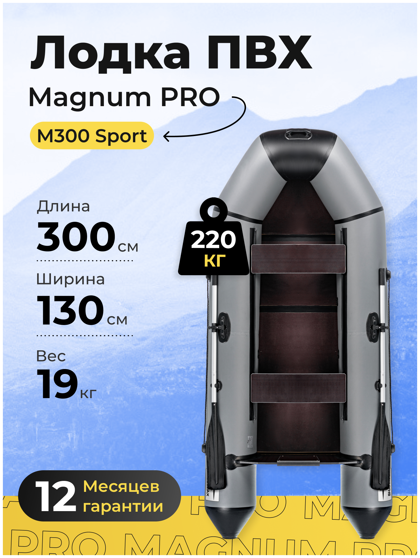 Лодка ПВХ под мотор надувная двухместная гребная для рыбалки Magnum PRO M300 Sport серая грузоподьемностью 220 кг.