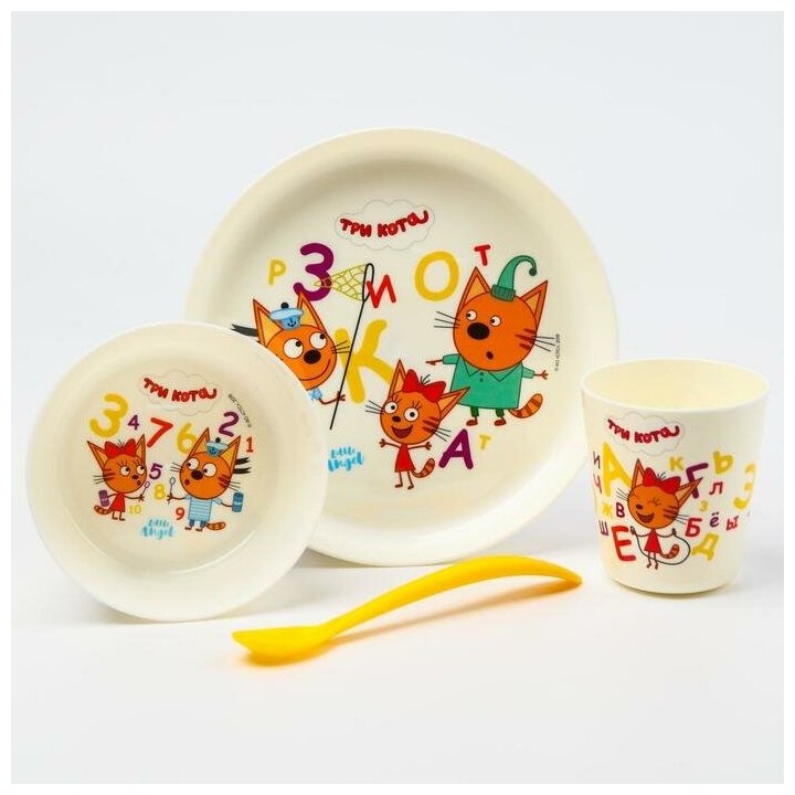 Набор детской посуды ТРИ кота «Обучайка», (тарелка, миска, стакан, ложка)