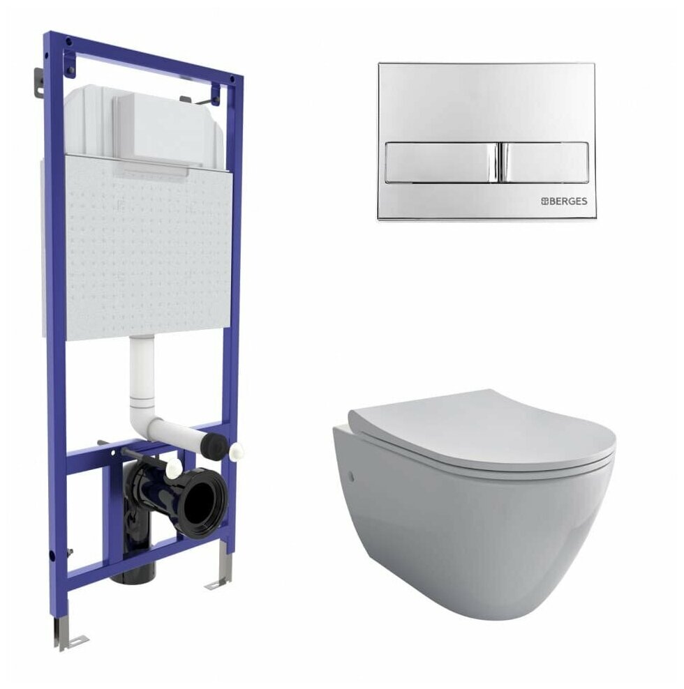 Комплект BERGES для монтажа подвесного унитаза: инсталляция NOVUM, кнопка L3 хром глянец, унитаз MASCON Rimless, сидение дюропласт Toma Slim SO