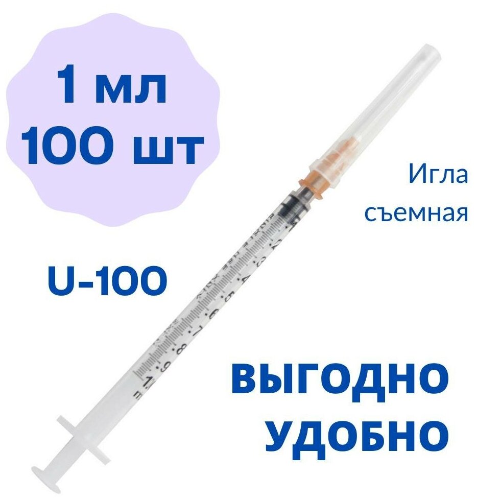 Шприц 1 мл инсулиновый U-100 комплект 100 шт 3-х компонентный съемная игла 04х13(12) мм - 27Gх1/2 шприц для инъекций одноразовый стерильный