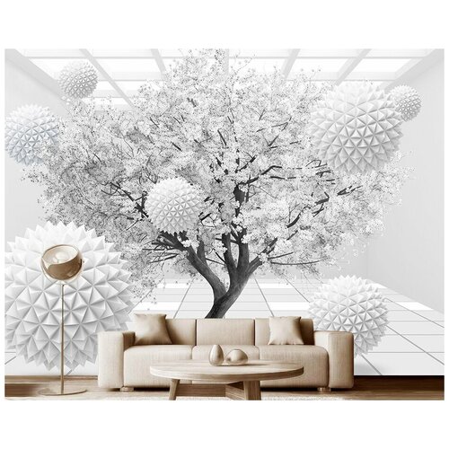 Фотообои на стену флизелиновые 3D Модный Дом Белое дерево и летающие шары 350x260 см (ШxВ)