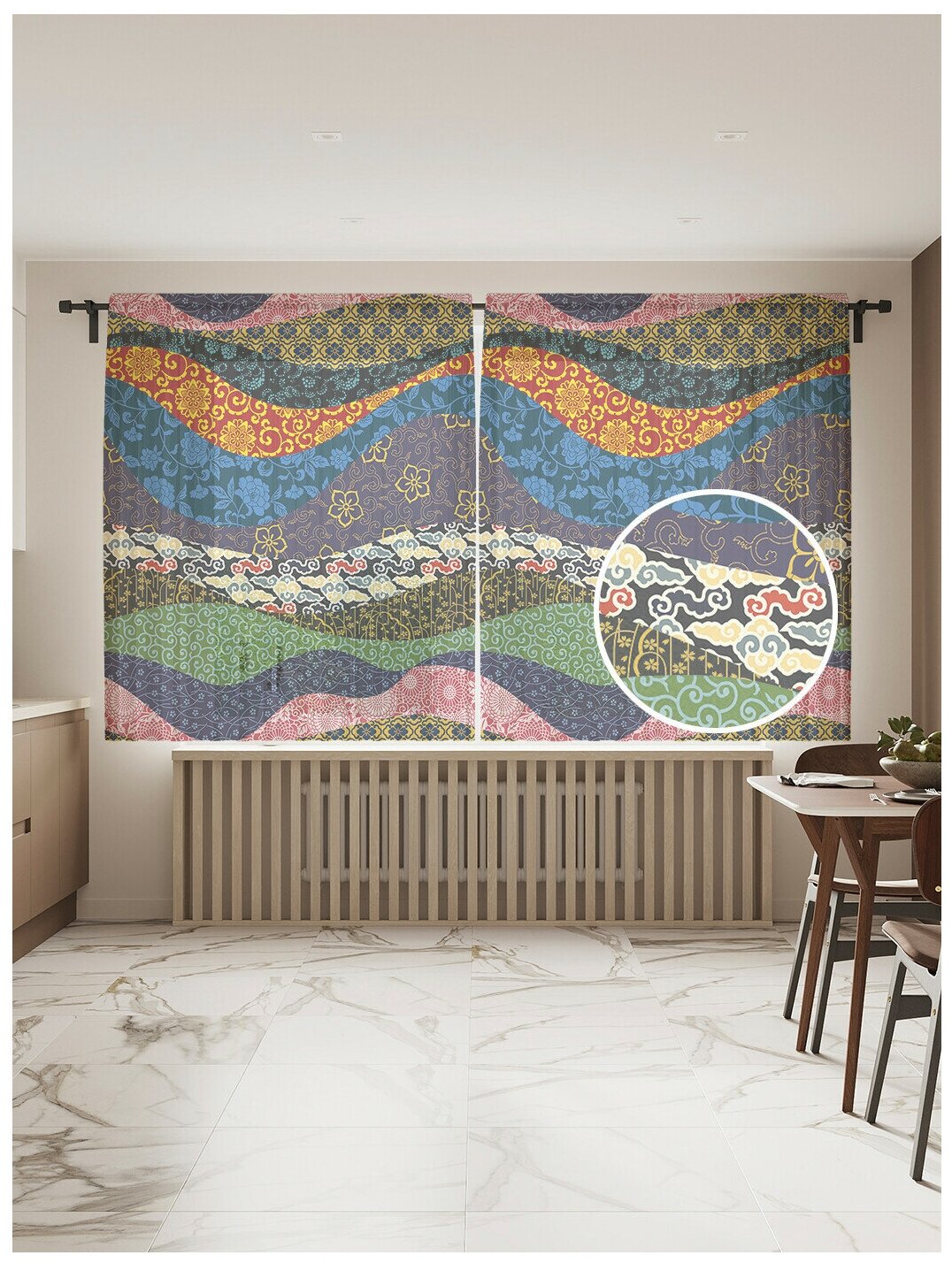 Тюль для кухни и спальни JoyArty "Волны пэчворк", 2 полотна со шторной лентой шириной по 145 см, высота 180 см.