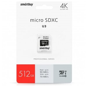 Карта памяти Smartbuy micro SDXC 512Gb Pro UHS-I U3 + ADP (90/70 Mb/s)