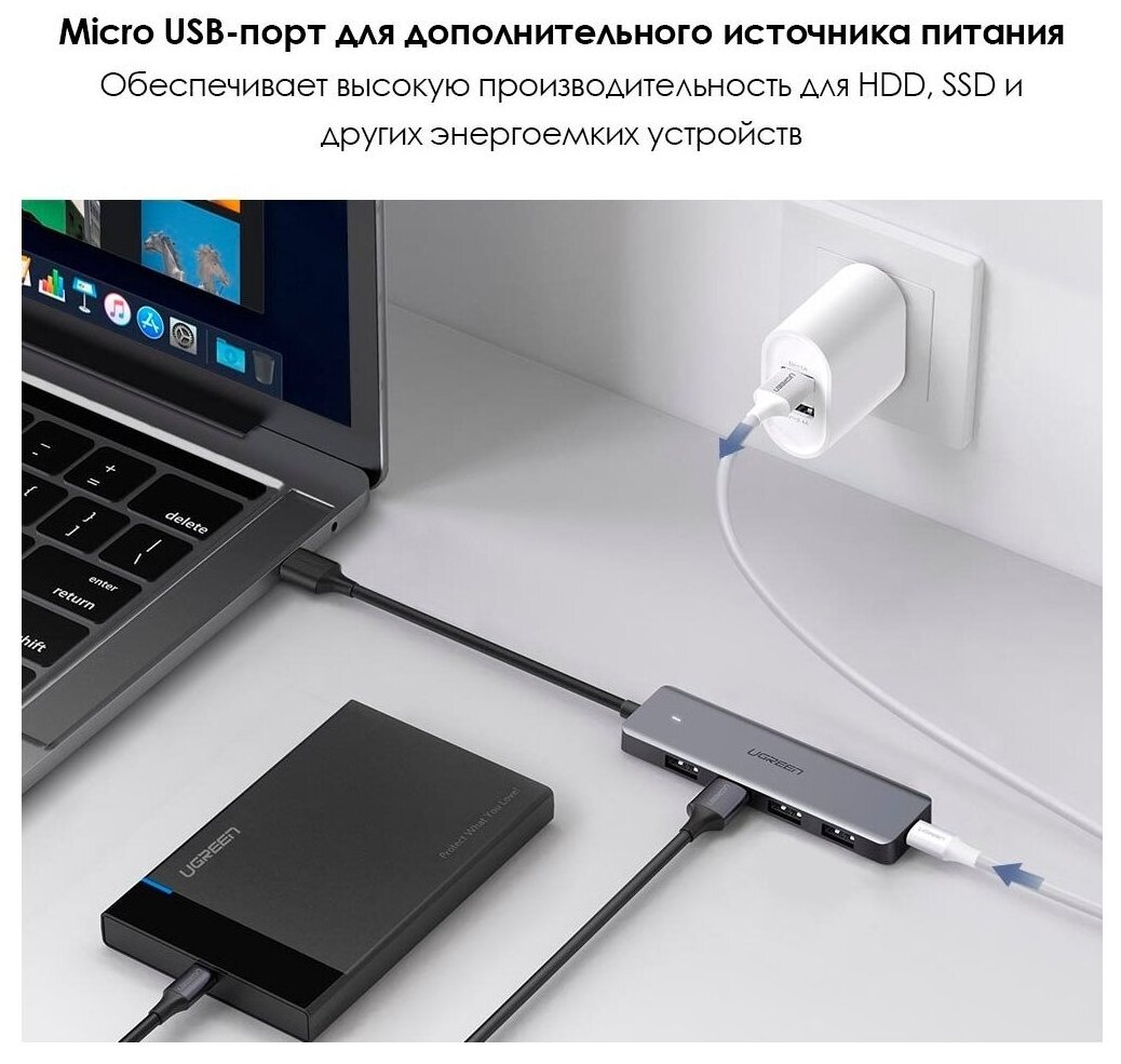 Концентратор UGREEN 50985 4*USB 3.0 with USB-C Power Supply, серый