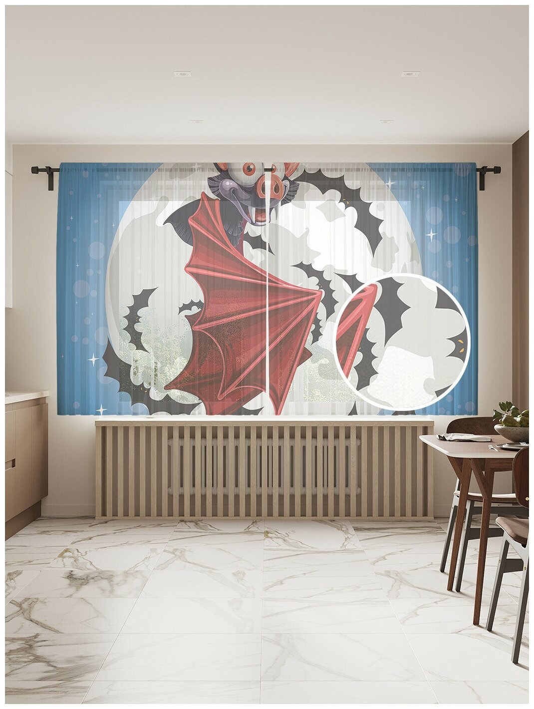 Тюль для кухни и спальни JoyArty "Летучая мышь вампир", 2 полотна со шторной лентой шириной по 145 см, высота 180 см.