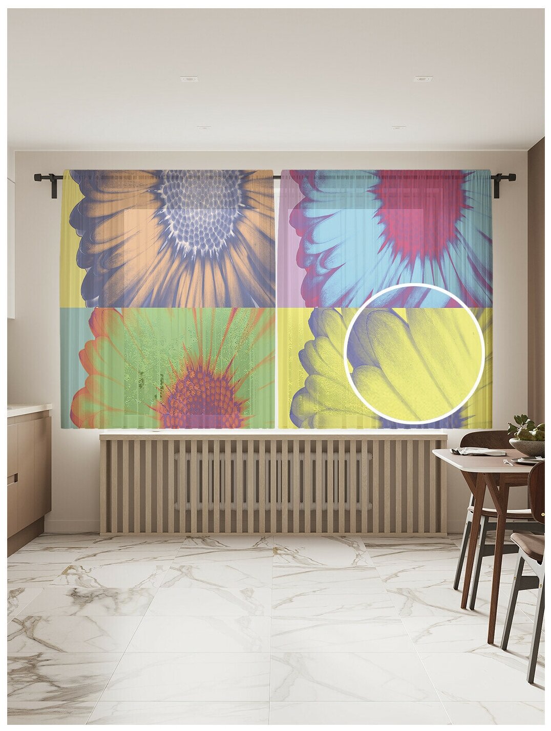 Тюль для кухни и спальни JoyArty "Цветные различия", 2 полотна со шторной лентой шириной по 145 см, высота 180 см.
