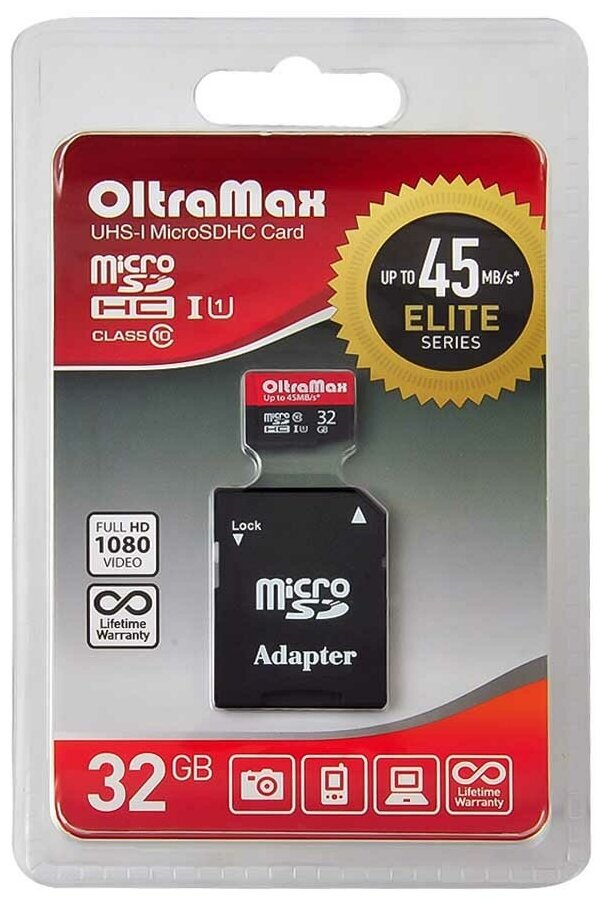 Карта памяти micro SD OLTRAMAX 32 GB UHS-1 с адаптером OM032GCSDHC10UHS-1-ElU1