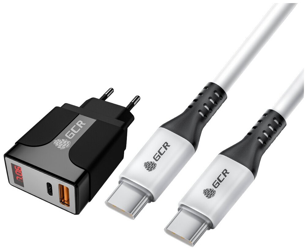 Комплект сетевое зарядное устройство на 2 USB порта (QC 3.0 + PD 3.0 ), черный + Кабель GCR 1.0 метр Type C-C, белый (7753623)