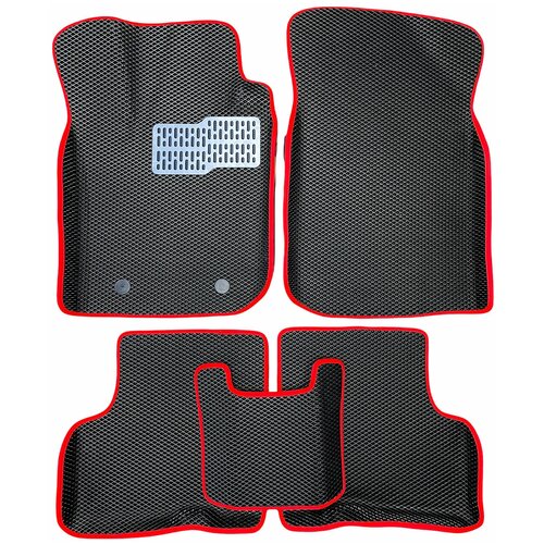 Автомобильные коврики EVA / ЕВА для Renault Logan I 2004-2015 / Рено Логан 1 / черный(ромб)-красный + металл подпятник / с бортами